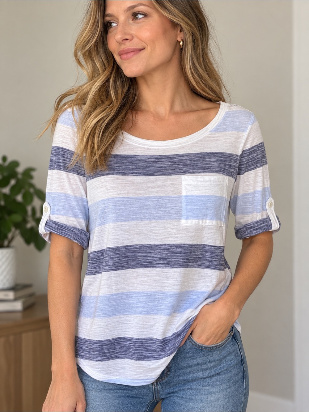 Banana Republic Women’s Small Pima Cotton Striped Roll Tab Sleeve Pocket Top